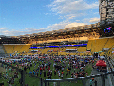 Fußballstadion mit vielen Personen auf dem Rasen
